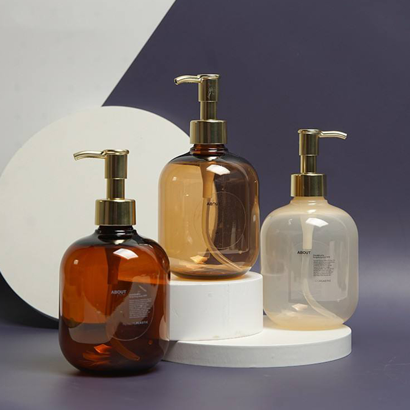 بطری لوسیون بدن 300 میلی لیتر پت پلاستیکی کهربایی گرد خالی بطری شامپو لوسیون پت طلایی