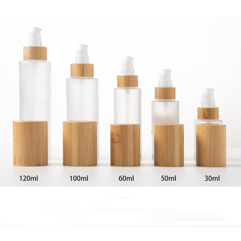 پمپ لوسیون آرایشی مات بطری اسپری مه ریز و لوسیون شیشه ای با درب چوب بامبو پمپ لوسیون آرایشی مات بطری اسپری مه ریز و لوسیون شیشه ای با درب چوب بامبو
