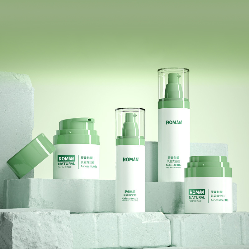بسته بندی پلاستیکی آرایشی و بهداشتی بطری کرم صورت 30 میلی لیتری 50 میلی لیتری 80 میلی لیتری سبز ست پمپ بدون هوا با آبکاری بطری سرم ضد پیری